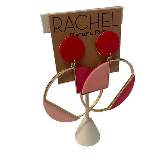 Rachel Roy Large Clip-On Gold Tone Hoops w/Red & Hot Pink Accents. - Picture 3 of 5